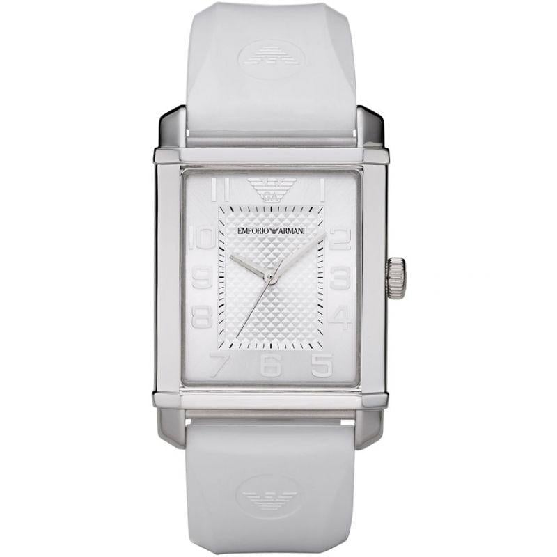 Emporio Armani Ladies' White Rectangular Dial Watch with Silicone Strap - AR0498